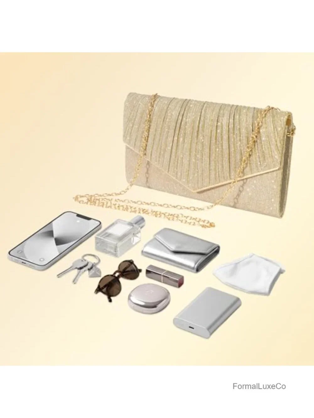 Sequined Clutch Evening Bag with Detachable Chain Crossbody
